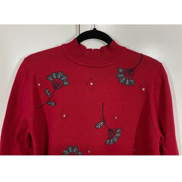 Alfred Dunner Red Embroidered Mock Turtle Neck Long Sleeve Sweater Size Medium - Picture 2 of 8